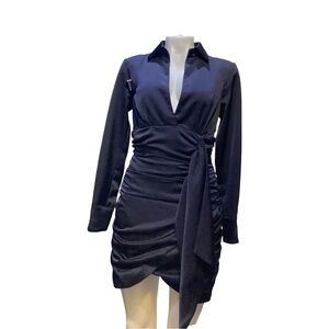 Lavish Alice Navy Long-Sleeve Wrap Shirtdress with Side Tie